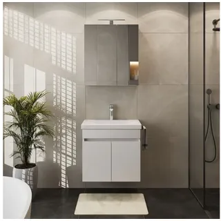Planetmöbel Badmöbel-Set 60 cm, weiß mit Keramikwaschbecken und LED-Spiegelschrank