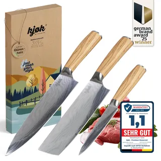 kjøk Premium Messerset 3-teilig – Chefmesser, Nakiri & Allzweckmesser (58±2 HRC) mit Olivenholzgriffen & Schutzhüllen – asiatisches Küchenmesser-Set mit Hammerschlag-Optik