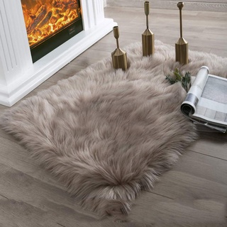 SODKK Nachahmung Lammfell Teppich Sofa Matte, mit 8 waschbare Anti-Rutsch Teppich Aufkleber Flauschiger für Als Faux Bett Vorleger (Khaki 150 x 180 cm)