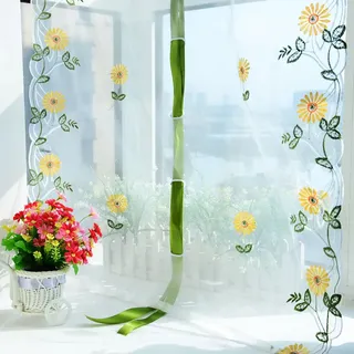 Dekorativer Fenstervorhang Für Das Wohnzimmer, Jacquard-tüll Mit Chrysanthemenmuster, Polyester, 80 X 200 Cm, Gelb [1 Vorhang + 4 Haken]