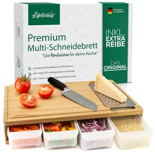 Premium Schneidebrett mit Auffangschalen [inkl. Edelstahlreibe] Spülmaschinenfeste Schalen aus Kunststoff - Großes multifunktionales Küchenbrett, Schneidebrett aus hellem Edelbambus-Holz