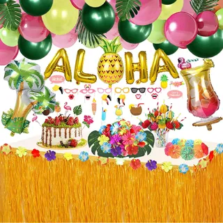 wohot 162 Stück Hawaii Party Deko Set, Hawaii Luau Tischröcke Tropical Party Dekoration, Aloha Balloons Girlande für Tropische Sommer Beach Deko