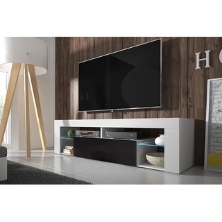 Selsey Hugo - TV-Lowboard/TV-Schrank in Weiß mit Klappe in Schwarz Hochglanz und LED-Beleuchtung 140cm