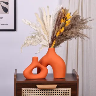 Keramik-Donut-Vasen, 2er-Set, minimalistisch, nordisch, orange, Keramik, hohl, Tischdekoration, Hochzeit, Wohnzimmer, Bücherregal, Büro, modernes Zuhause, Eingang, Konsolendekoration