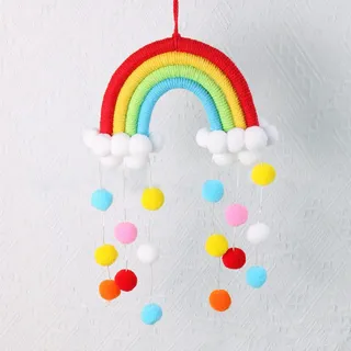 Regenbogen Makramee Wandbehang Handgewebte Regenbogen Makramee Wandteppich mit Pompon Anhänger Deko Wanddeko für Babyzimmer (#2)
