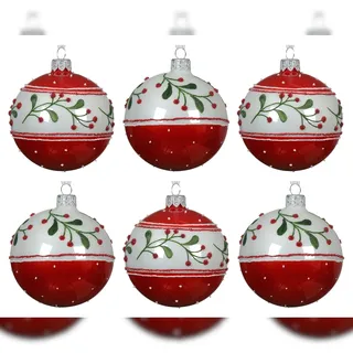 Christmas Decorations 6 Glaskugeln Weihnachtsmotive 8cm Handbemalt Mundgeblasen Weihnachtskugeln Christbaumkugeln Mistelzweig Beeren Glitzer Schneepunkte Rot Weiß