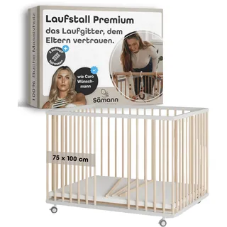 Sämann Laufstall Baby mit 3 Schlupfsprossen | TÜV geprüft | stufenlos höhenverstellbar | Laufgitter Premium | Babybett aus Holz | Krabbelgitter (weiß/natur, 75x100 cm)