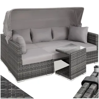 tectake® Rattan Sonneninsel Sitzgruppe, Alu Lounge Möbel Set inkl. Sofa mit Sonnendach, Hocker, Sesseln und Tisch, Outdoor Gartenmöbel, Loungemöbel Balkon und Garten, Terrassenmöbel, wetterfest - grau