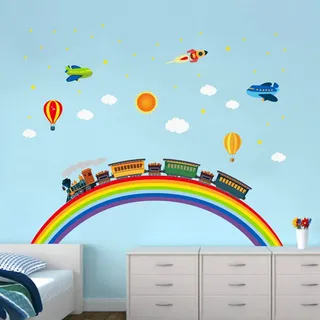 ufengke Wandtattoo Regenbogen Zug Wandaufkleber Wandsticker Rakete Flugzeug für Kinderzimmer Jungen Schlafzimmer Wohnzimmer