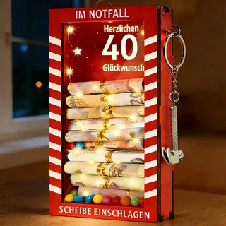 Sunwuun LED Geldgeschenke 40.Geburtstag,40.Geburtstag Junge & Mädchen,Lustige Notfallbox Geschenke mit Hammer und Lichterkette,Personalisierte Geschenke für Geld,Kreative DIY (Streifen-40)