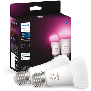 Philips Hue White & Color Ambiance E27 LED Lampen 2-er Pack (806 lm), dimmbare LED Leuchtmittel für das Hue Lichtsystem mit 16 Mio. Farben, smarte Lichtsteuerung über Sprache und App