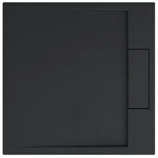 doporro Duschtasse Duschwanne 90x90x4 flach Mineralguss in Anthrazit DIN-Anschlüsse für bodenebene Montage geeignet Geoma04