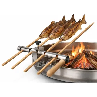 Premium Steckerlfisch Halter für Feuerschale - Platz für 4 Fische - Fisch Grill Aufsatz passt auf Jede Feuerschale - stufenlos verstellbar - Original Buchenholz Spieße - Asado Grill für Feuerschale