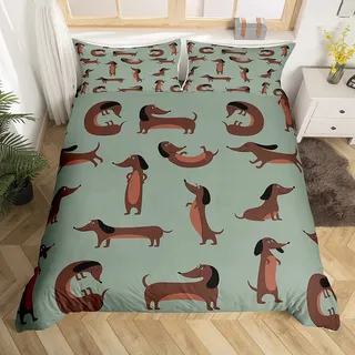 GIENDI Bettwäsche 155x220 Dackel Bettbezug Set 3Teilig, Cartoon-Hund Brauner Dackel Bettwäsche-Sets 155x220cm Mikrofaser mit 2 Kissenbezüge 80x80cm, Weiche Atmungsaktive Allergiker Bettdeckenbezug