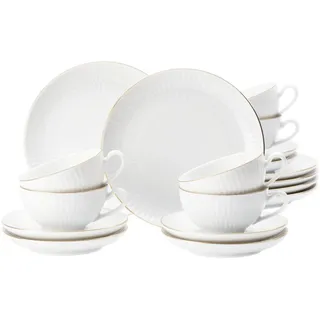 Seltmann Weiden Geschirr-Set Teeservice 18-teilig klein Amina weiß mit Goldrand (18-tlg), 6 Personen, Porzellan, Teller, Tassen, weiß, Amina weiß