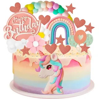 KENPOJO Einhorn Deko Kindergeburtstag, 18 Stück Einhorn Tortendeko Mädchen, Regenbogen Wolke Ballon Cake Topper Geburtstag Happy Birthday Dekoration für Kinder, Kuchen Topper Set für Kinder Mädchen