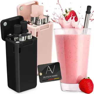 AVANA Wiederverwendbare Edelstahl Strohhalme 2er Set (Schwarz & Rosa) | Faltbare Silikon Trinkhalme, BPA-Frei, Umweltfreundlich, Zusammenklappbar mit Reinigungsbürste und Magnetbox