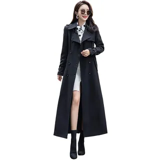 ebossy Damen Zweireihiger Duster Trenchcoat Slim Full Length Maxi Long Overcoat - Schwarz - Large - L