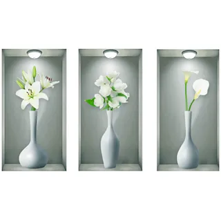milaosk 3 Stück 3D Wandaufkleber Vase,Wandtattoo Wohnzimmer Weiße Vasen,3D Vinyl Wandabziehbilder zum Selbermachen,Pflanzen Blumen Wandsticker Wandbilder für Wanddeko
