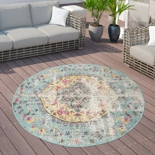 Paco Home - Outdoor Teppich Balkon Terrasse Vintage Küchenteppich Orient Muster Rauten Ethno 160 cm Rund, Bunt