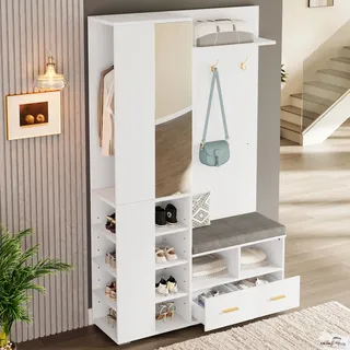 Garderobenset Wandgarderobe, Flurschrank Mit Spiegel, Kleiderstange, Schuhbank Mit Durchbrochenem Regal, 3 Haken, 2 Schubladen Und Ablagefach, Weiß, 120x35x190 Cm.