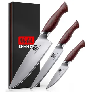SHAN ZU Messerset 3-teilig, Japanisches Küchenmesserset aus 10Cr15MoV Edelstahl, Ultrascharfes Profi Kochmesserset mit Ergonomischem Holzgriff, Kochmesser, Allzweckmesser, Schälmesser - OKINAWA Series