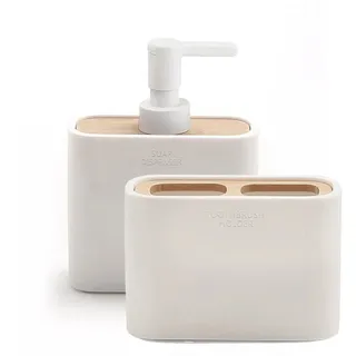 Kiamami Valentina Badaccessoire-Set 2-teilig Weiß Harz und Bambus Alisso | Zahnputzbecher H 8,5 cm und Seifenspender H 15,7 cm, weiße Ausführung, modernes Design, ideal fürs Bad