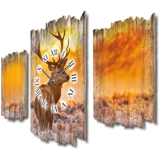 Hirsch im Nebel Wild Jagd Herbst Natur Shabby chic Landhaus Dreiteilige Designer Wanduhr leise Uhr ohne Ticken 95 x 60 cm aus MDF-Holz DTWH083L (leises Quarzuhrwerk)