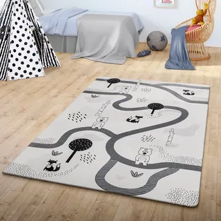 TT Home Teppich Kinder Kinderzimmerteppich Kinderteppich Babymatte Straße Bär Fuchs Baum, Farbe: Grau Weiß, Größe:80x150 cm