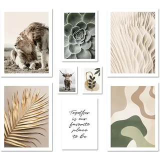 ARTFAVES® Poster Set - ABSTRACT NATURE - mehrteilige Wanddeko Wohnzimmer & Schlafzimmer - 8 moderne Wandbilder Abstrakt, grün, Löwe, beige, gold, Natur - ohne Bilderrahmen