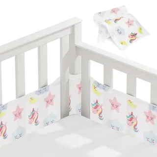 Vicloon Bettumrandung Babybett, 2 Pack Nestchen für Kinderbetten Kantenschutz Babybett, Atmungsaktive Polsterung, Rausfallschutz für Babybett, Abnehmbar Umrandungen, 340cmx30cm+160cmx30cm (Einhorn)