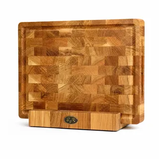 B4K® Schneidebrett mit Ständer aus Eiche Stirnholz 35 × 25 × 4 cm | Massiver Hackblock | Antibakterielles Hirnholzbrett mit Griffen, Saftrille & Silikonfüßen | Perfekt für Küche, Fleisch & BBQ