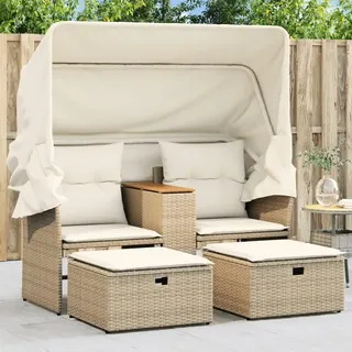 Tidyard Gartensofa 2-Sitzer mit Dach und Hockern, 2-Sitzer Lounge Sofa, Gartenlounge Sofa, Terrassensofa Gartenmöbel Terrassenmöbel, Beige Poly Rattan