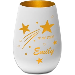 Sternenkind Trauerlicht Sternschnuppe - weiß/Gold - Gedenklicht Teelichtglas personalisierbar Erinnerung Trauergeschenk mit Name und Datum