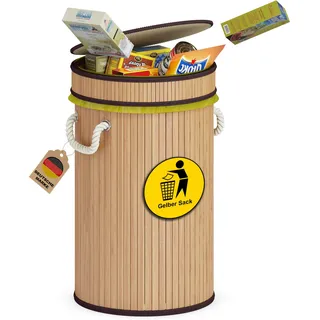 ADEL DREAM Gelbe Sack Müllständer Sack Ständer,geruchsneutraler Mülleimer aus Holz für gelbe Säcke geruchsdichte Mülltonne ideal als gelber Sack Müllsackständer 60L Runde Holzfarbe Dunkelbrauner Stoff