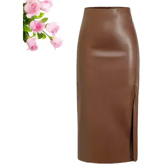 HESYSUAN Lange Lederröcke für Damen, Winter, lang, schwarz, Lederrock, hohe Taille, Schlitz, Kunstleder, A-Linie, Bleistiftrock - M