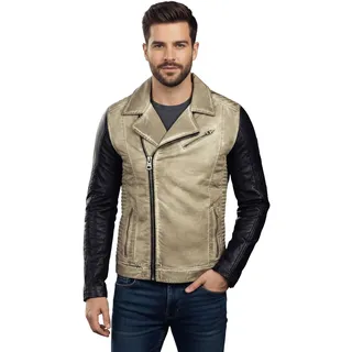 Lässige Herren Biker-Jacke Washed Design mit Kunstleder Ärmeln Slim Fit Übergangs-Jacke 8837 Beige - L