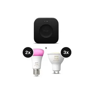 Philips Hue Starter Set - mit Bridge Pro und White and Color Ambiance E27 - 2er-Set + White Ambiance GU10 LED Lampen - 3er-Set