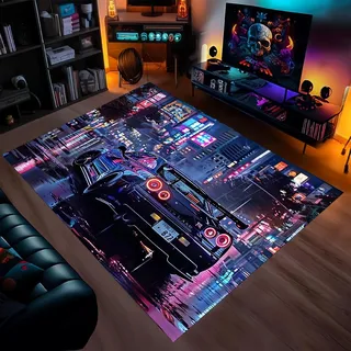 Gaming Teppich Jugendzimmer Jungen, 3d Cooler City-Neon Anime Rennwagen Kinder Teppich, Jungs Gamer, Weicher Flanellstoff, Für Heimdekoration, Schlafzimmer, Kinderzimmer, Wohnheim (Farbe 1,160x200cm)