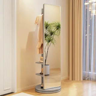 Drehbarer Ganzkörperspiegel, 360° drehbarer Holzspiegel in voller Länge mit Garderobe, 2-in-1-Bodenspiegel und Garderobenständer, Wohnzimmer, Schlafzimmer, Garderobenspiegel