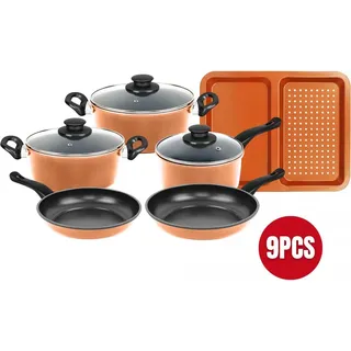 Herzberg Cooking Kochtopfset mit Glasdeckel, Topfset mit Backblech, Kupfer, 9tlg, Pfanne + Kochtopf, Kupfer