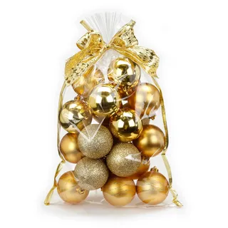 Weihnachtskugeln Plastik gold Mix 6cm 20 Stück im Geschenkbeutel mit Schleife