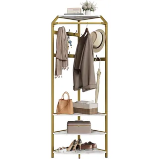 Garderobenständer Metall Eckgarderobe, Garderobe Kleiderständer Stabil Eckhalle Baum Mit 12 Haken, 4 Ebenen Aufbewahrungsregal Garderobe Für Eingang, Flur, Wohnzimmer,Schlafzimmer, 180x50x50Cm,Gold