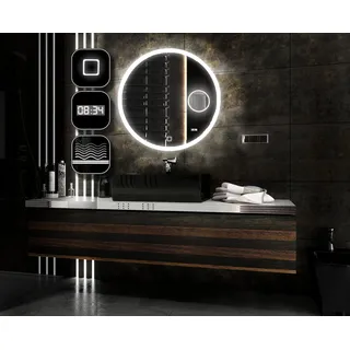 Badspiegeldesign - Badspiegel mit Beleuchtung LED Radlux 100 cm, Runder Badezimmerspiegel mit Beleuchtung, Wandspiegel mit LED, Touch-Schalter, Schminkspiegel Kosmetikspiegel (5-Fach) und Uhr