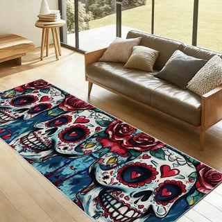 YGcegcia Zuckerschädel Totenkopf Flur Läufer Teppich 60x180 cm, Gotisch Schädelmuster Skull Teppichläufer Flurläufer Lang, Küchenteppich Waschbar Läufer für Flur, Eingang, Wohnzimmer Schlafzimmer