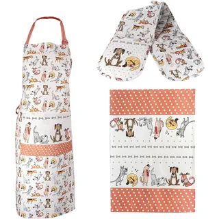 SPOTTED DOG GIFT COMPANY 3er Set - Abtrockentücher Küche Baumwolle, Küchenschürze und doppelter Ofenhandschuhe mit Hunde-motiv - Geschenk für Frauen Männer Hundebesitzer - Einheitsgröße