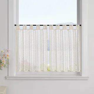 SCHOAL Scheibengardine mit Schlaufen 2 Stück Gardinen Küche 2er Set Bistrogardinen Stores Fenstergardine Landhaus Jacquard Milchweiß HxB 60x90cm x2