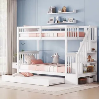 Okwish - Etagenbett 90200cm, Treppenregal, ausgestattet mit einem ausziehbaren Ausziehbett, hohes Geländer, EN747-1 zertifiziert, weiß