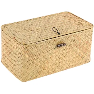 Asyduey Handgemachte Stroh Gewebt Ablage Korb mit Deckel Make Up Veranstalter Aufbewahrung Box Algen WäSche KöRbe Rattan Schmuck Schatulle (S)