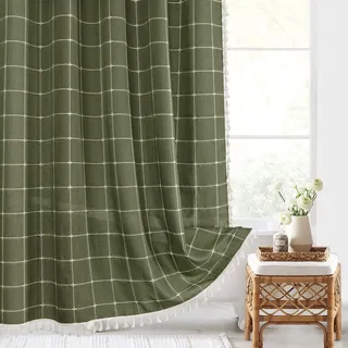 Gibelle Grüner Boho Bauernhaus Duschvorhang mit Quasten, rustikales Cottagecore, ästhetisch, böhmisch, schick, modern, Badezimmer-Dekor, Dicker Waffelstrukturstoff, Duschvorhang-Set mit Haken, 183 x